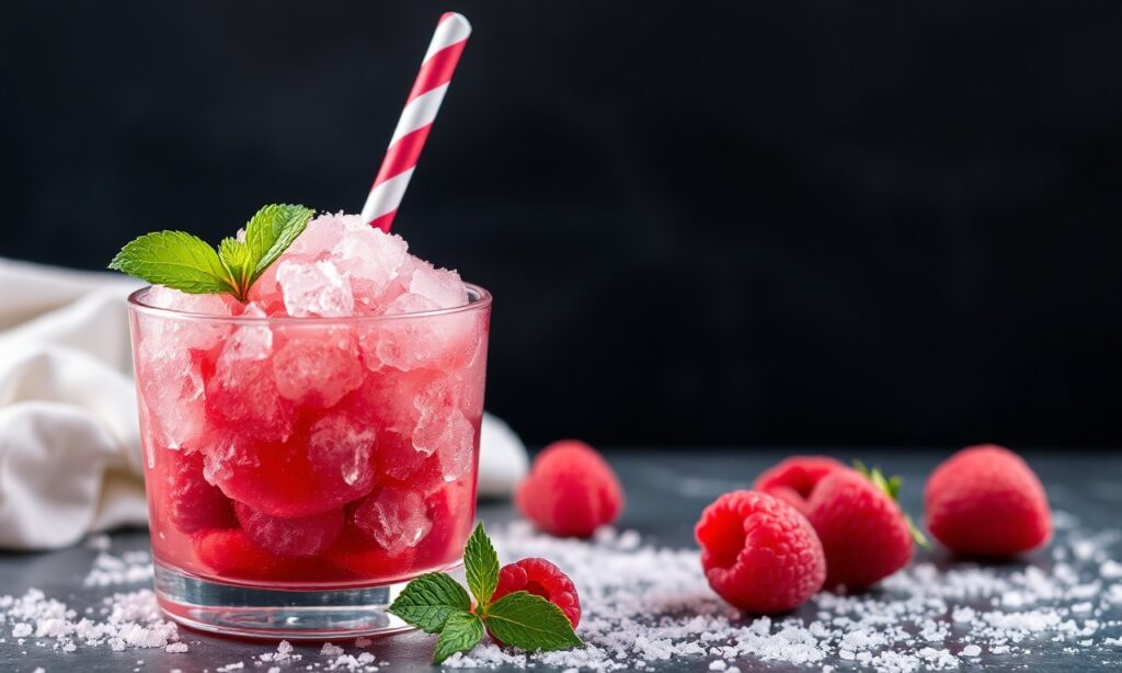 Refreshing raspberry shaved ice granita delight.
