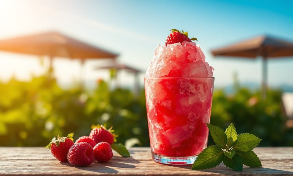 Refreshing raspberry shaved ice granita, perfect summer treat.