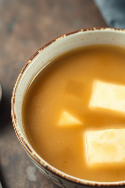 Wholesome homemade miso soup with silky tofu delight.