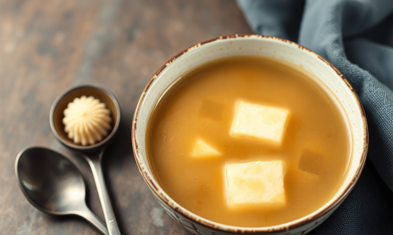 Wholesome homemade miso soup with silky tofu delight.