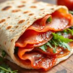 Savor Italian piadina with prosciutto and arugula.