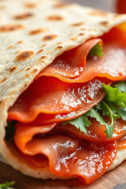 Savor Italian piadina with prosciutto and arugula.