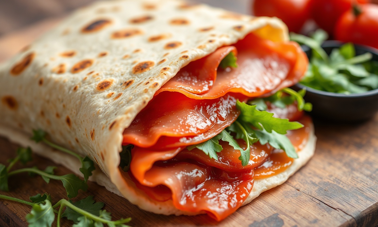 Savor Italian piadina with prosciutto and arugula.