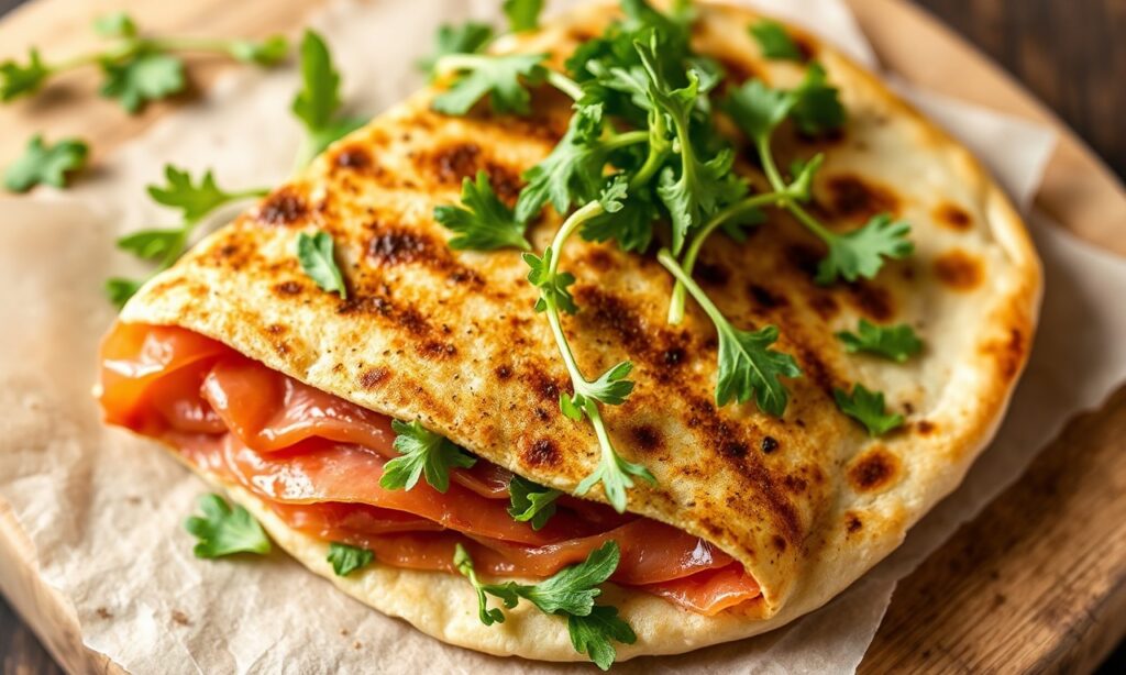 Savor Italian piadina with prosciutto and arugula.