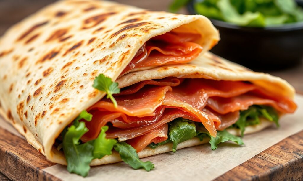 Savor Italian piadina with prosciutto and arugula, a delightful bite.