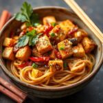 Mastering spicy tofu noodle stir-fry for fiery flavor.