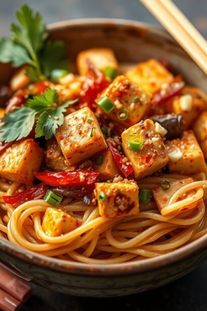 Mastering spicy tofu noodle stir-fry for fiery flavor.