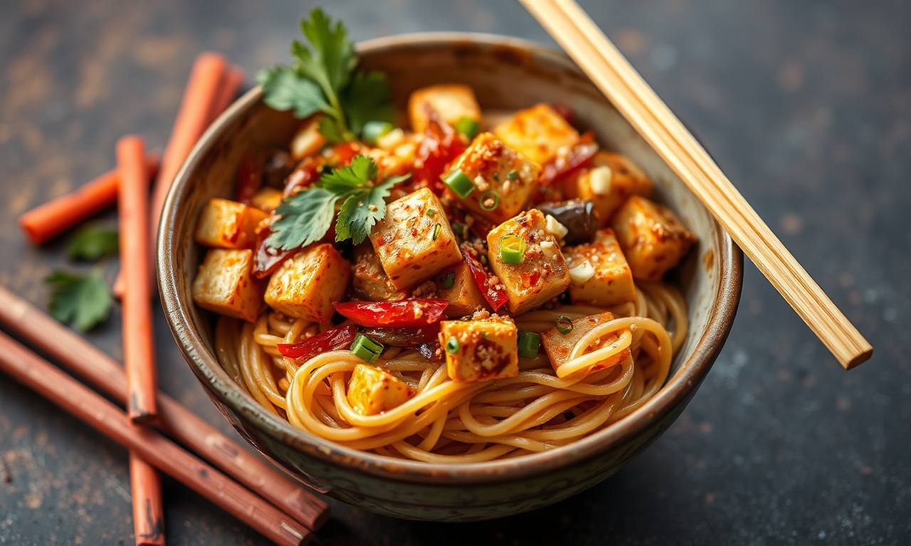 Mastering spicy tofu noodle stir-fry for fiery flavor.