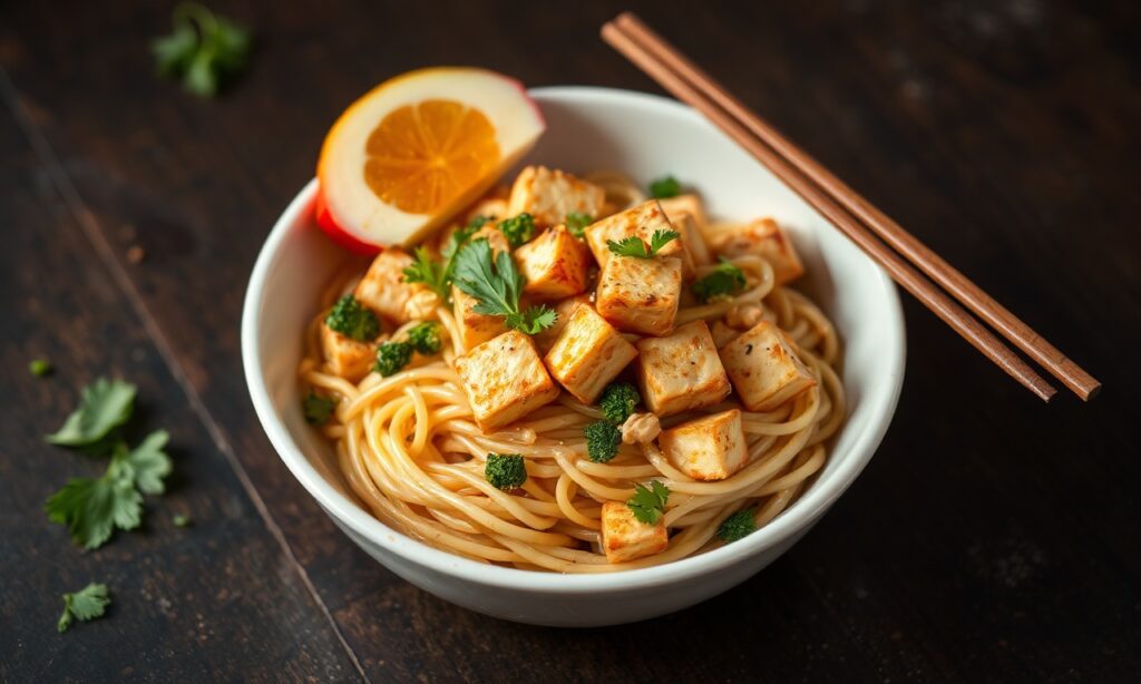 Mastering Spicy tofu noodle stir-fry, fiery flavor fusion.