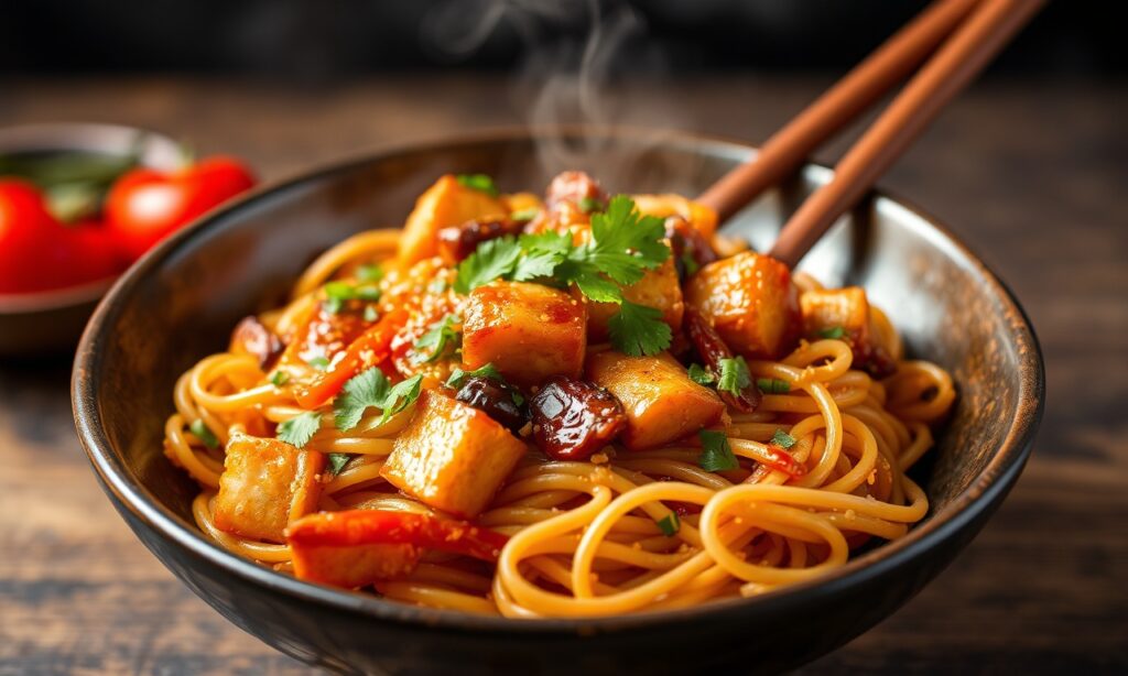 Mastering spicy tofu noodle stir-fry, fiery flavor fusion.