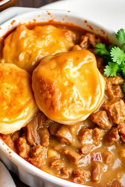 Hearty John Wayne casserole with golden biscuit topping.