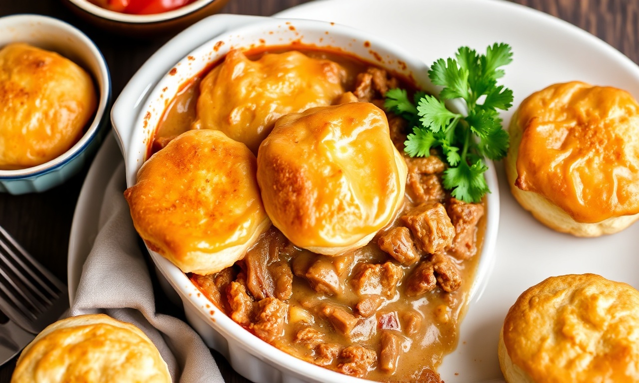 Hearty John Wayne casserole with golden biscuit topping.