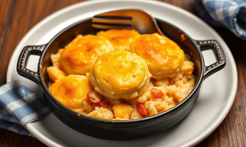 Hearty John Wayne casserole with biscuit topping, comforting and delicious.
