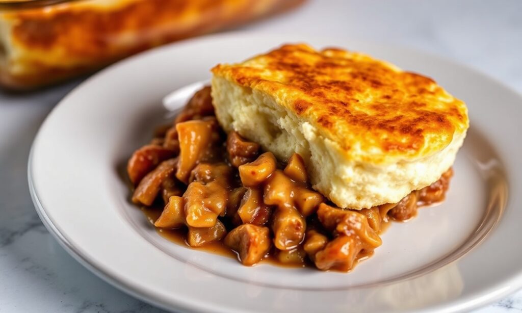 Hearty John Wayne casserole with biscuit topping, ultimate comfort food.