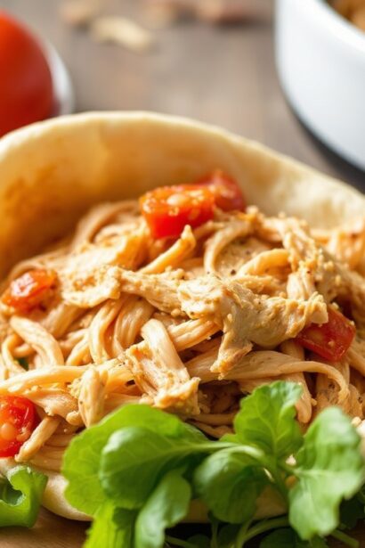 Tender slow cooker pulled chicken, perfect for salads.
