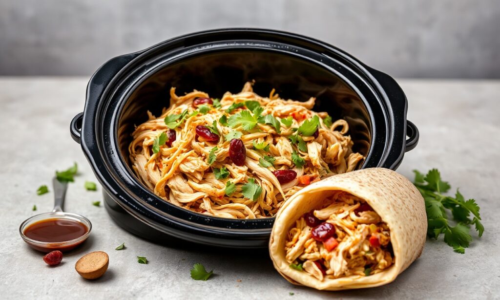 Tender slow cooker pulled chicken, perfect for salads and wraps.