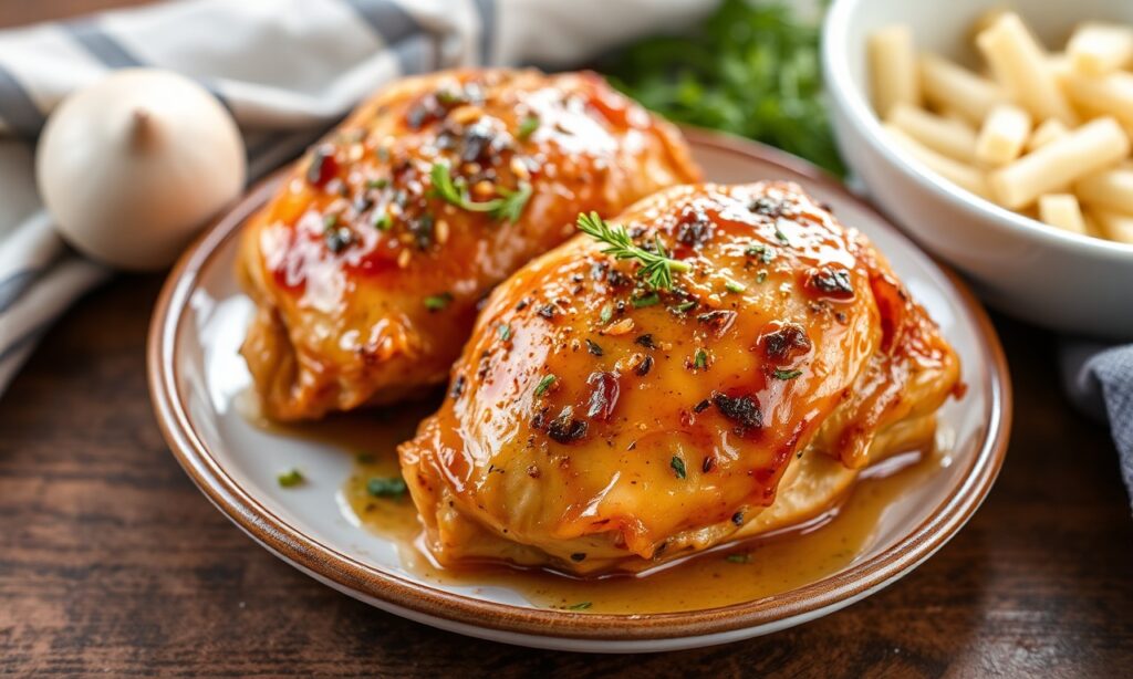 Sweet savory honey garlic chicken thighs recipe, a delicious comfort dish.