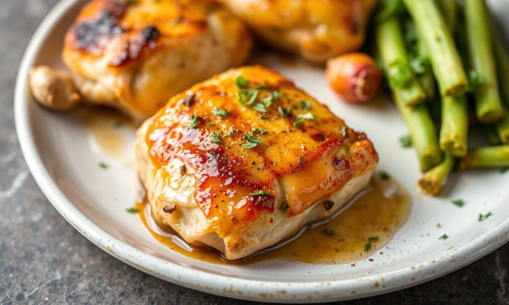 Sweet savory honey garlic baked chicken thighs, irresistible recipe.
