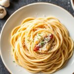 Quick creamy garlic parmesan angel hair pasta recipe.