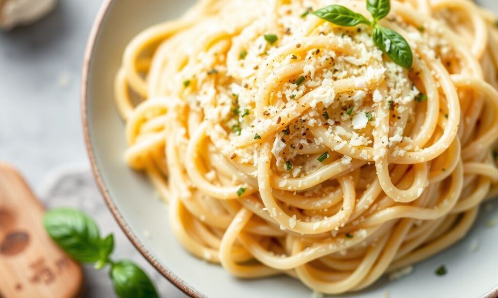 Quick creamy garlic parmesan angel hair pasta, 15-minute gourmet meal.