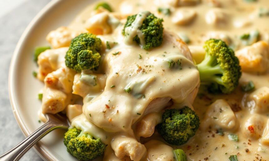 Creamy chicken broccoli alfredo bake: comfort food classic.