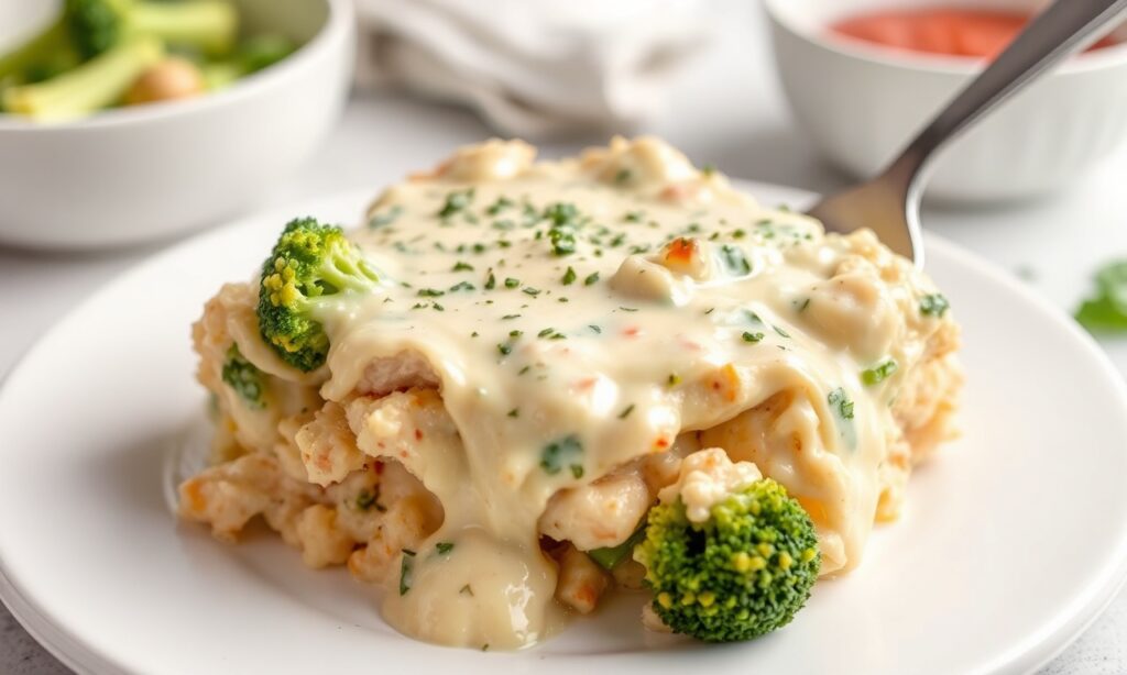 Creamy chicken broccoli alfredo bake, a comforting and indulgent classic.