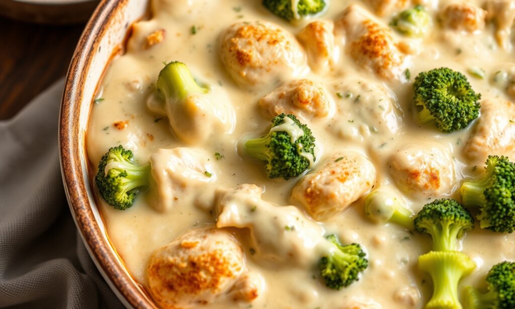 Creamy chicken broccoli alfredo bake, ultimate comfort food casserole.