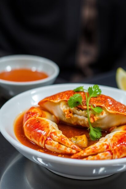 Singapore Chili crab, a spicy seafood delight.