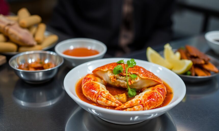Singapore Chili crab, a spicy seafood delight.