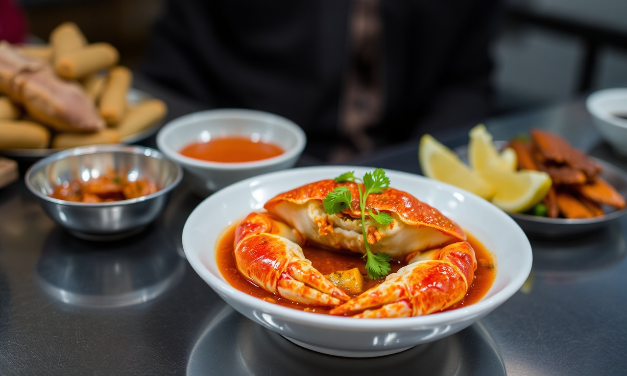 Singapore Chili crab, a spicy seafood delight.