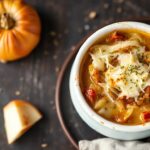 Indulge rich, cheesy French onion soup gratinee delight.