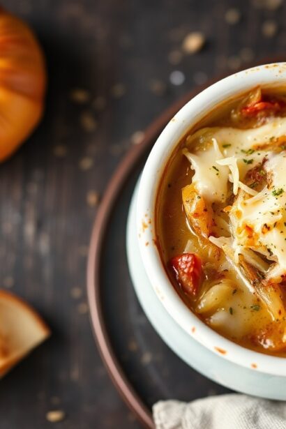 Indulge rich, cheesy French onion soup gratinee delight.