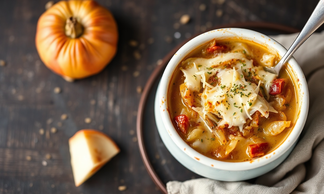 Indulge rich, cheesy French onion soup gratinee delight.