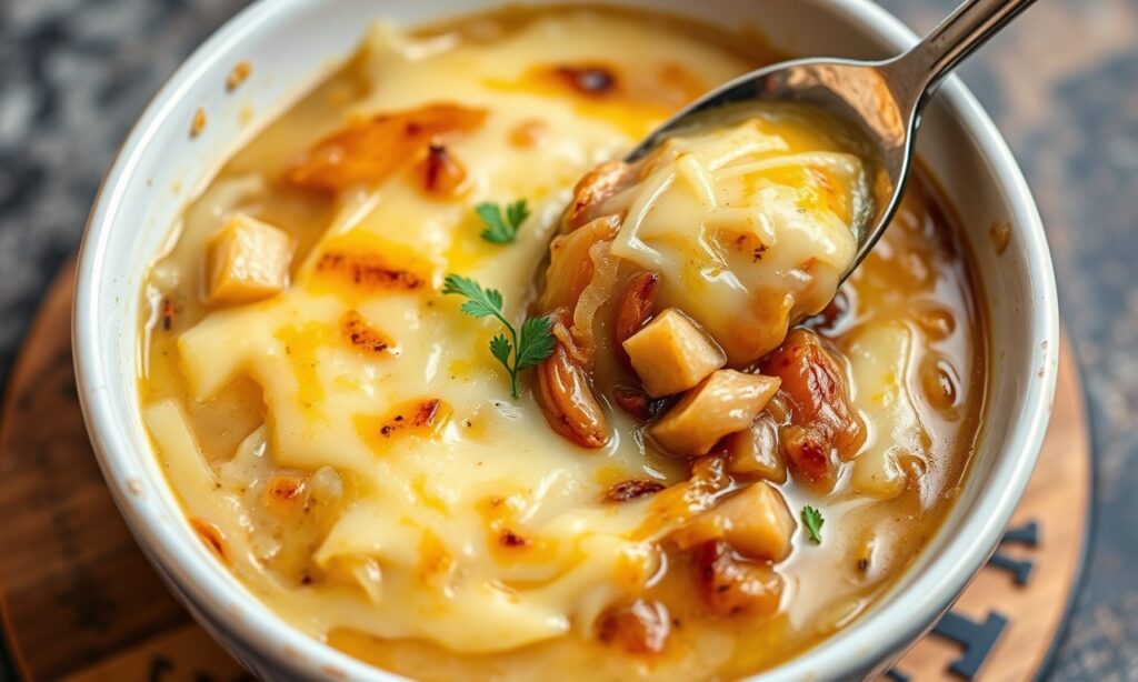Indulge rich, cheesy French onion soup gratinee delight.