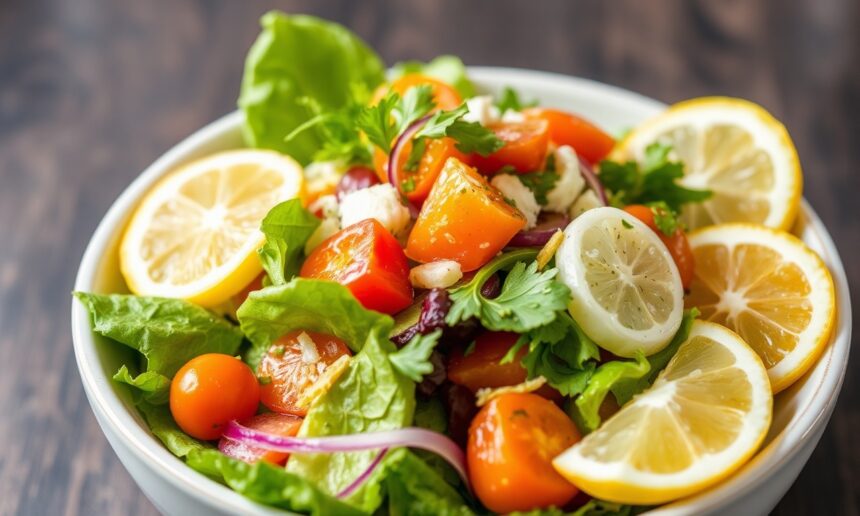 Refresh revitalize detox salad with zesty lemon ginger dressing.
