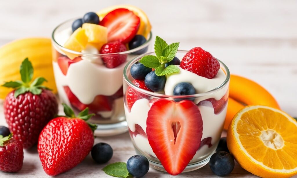 Quick colorful fruit yogurt parfait, simple, delicious, and beautifully presented.