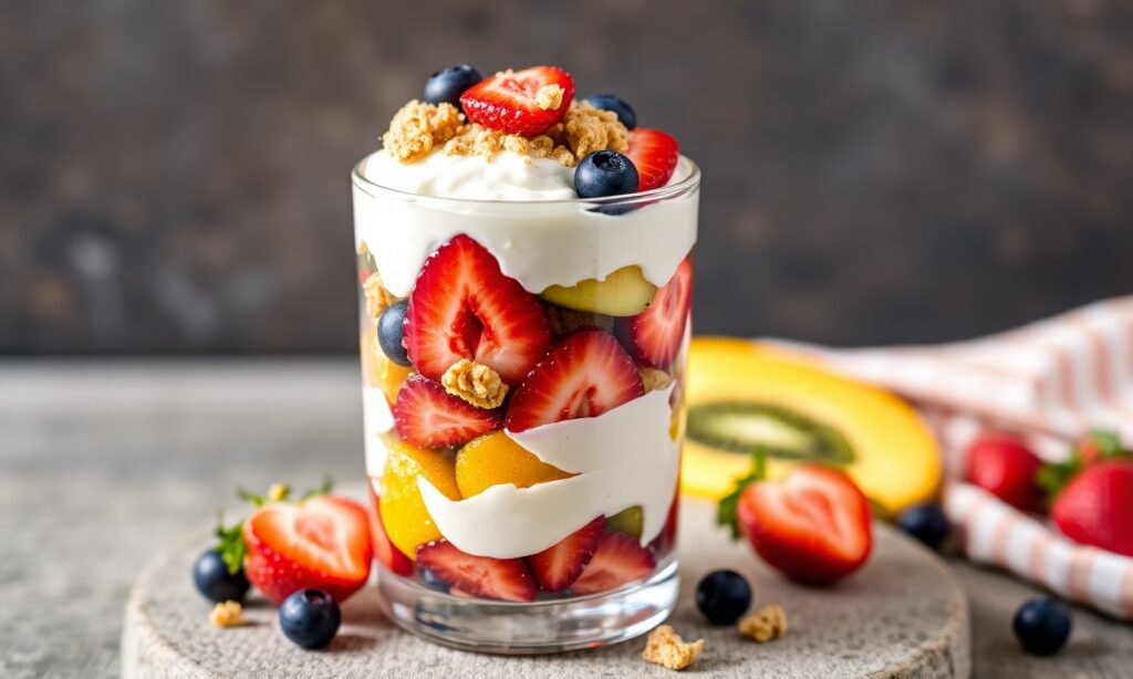 Quick colorful fruit yogurt parfait, perfect for rushed mornings.
