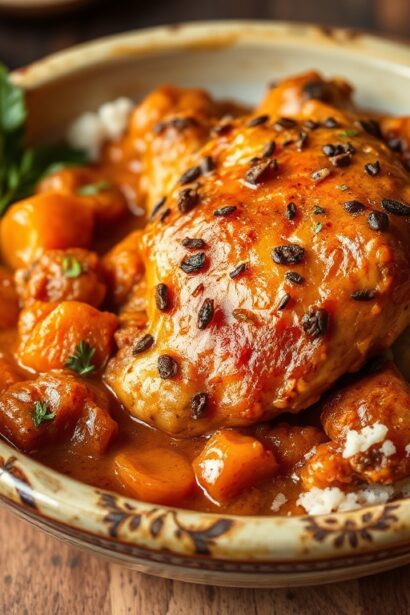 Fiery Moroccan chicken tagine with sweet apricots, a delicious dish.