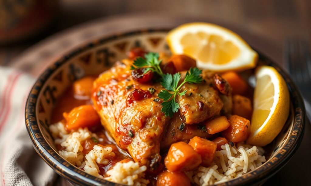 Fiery Moroccan chicken tagine with sweet apricots, a culinary delight.