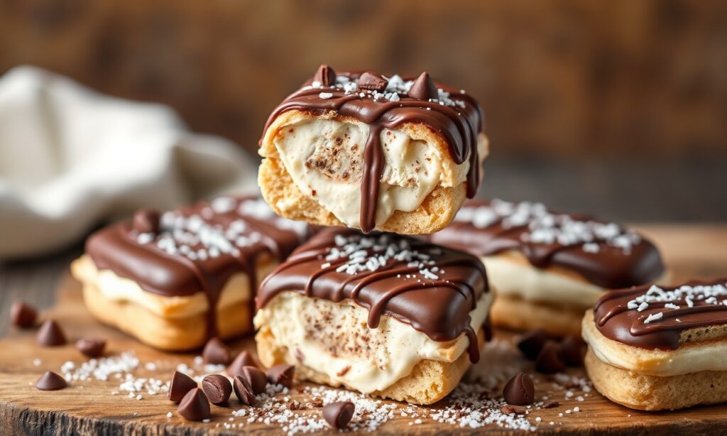 Creamy Chocolate Éclair ice cream bars: a frozen patisserie delight.