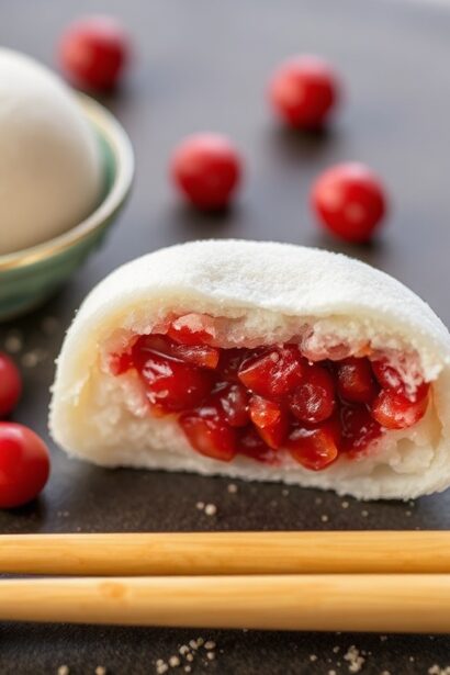 Delicious sweet red bean mochi: Japan's soft delight closeup.