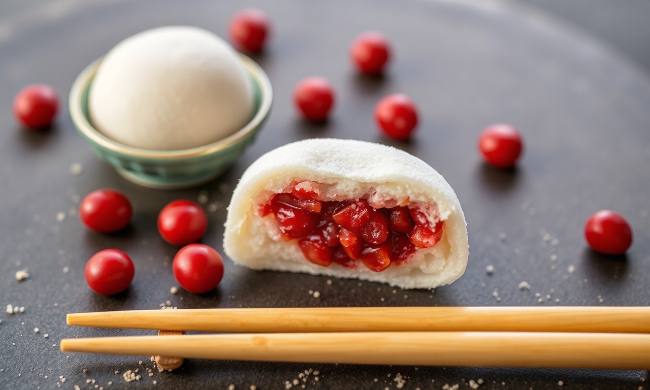 Delicious sweet red bean mochi: Japan's soft delight closeup.