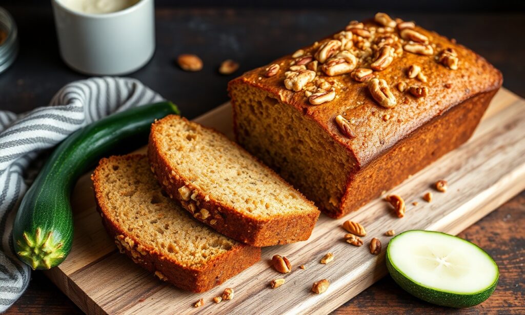 Moist nutty zucchini bread slice with walnuts, a comforting bake.