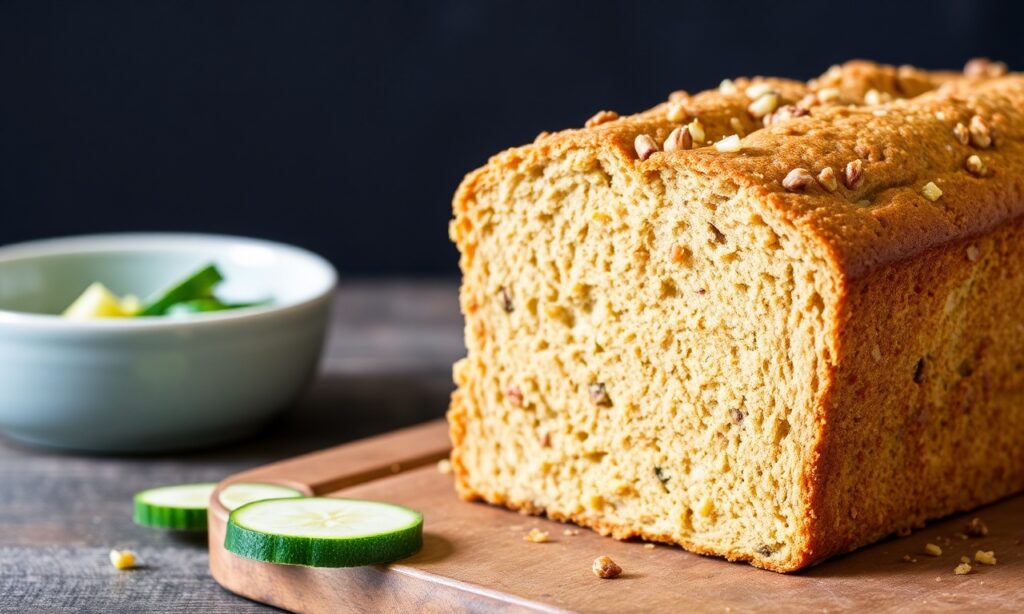Moist nutty zucchini bread, warm and comforting slice.