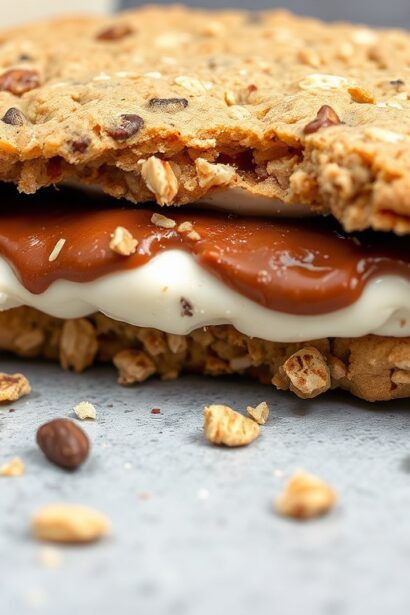 Sweet oatmeal cookie ice cream sandwich: chewy delight.
