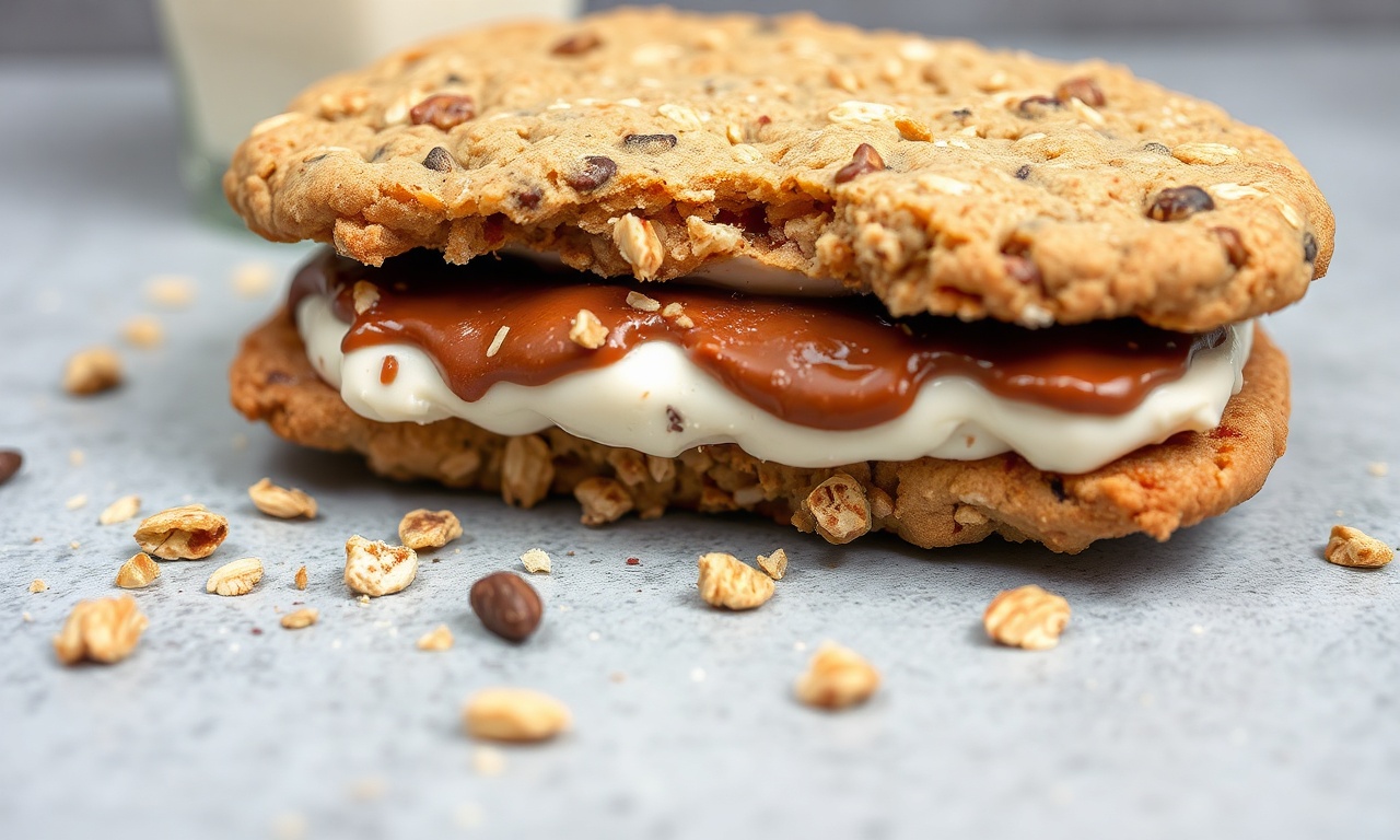 Sweet oatmeal cookie ice cream sandwich: chewy delight.