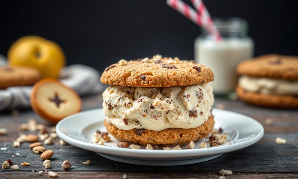 Chewy oatmeal cookie ice cream sandwich, a sweet and cool delight.