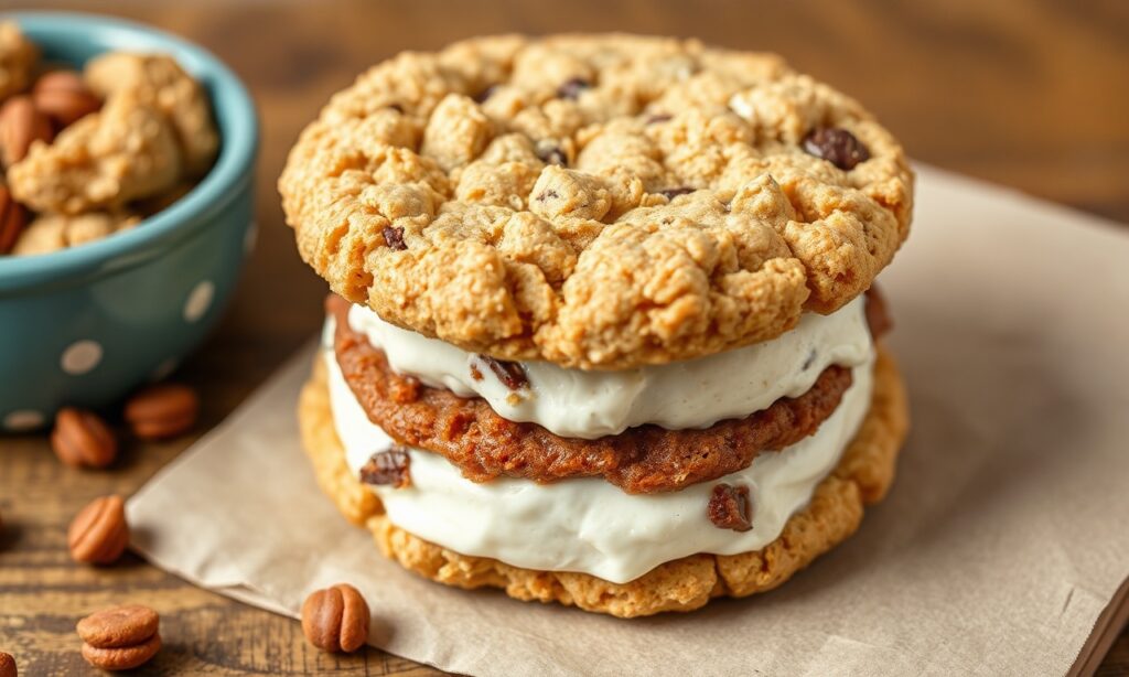 Chewy oatmeal cookie ice cream sandwich: sweet, cool, creamy delight.