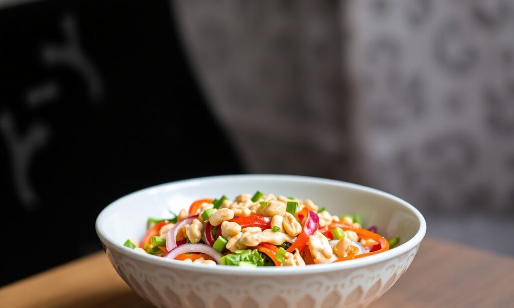 Crisp Thai crunch salad with creamy peanut dressing.