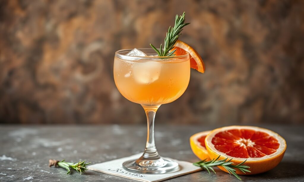 Delicious Rosemary Grapefruit Greyhound cocktail with zesty herbal twist.